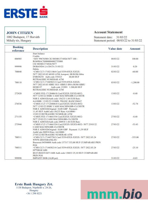 Hungary Erste Bank statement xls